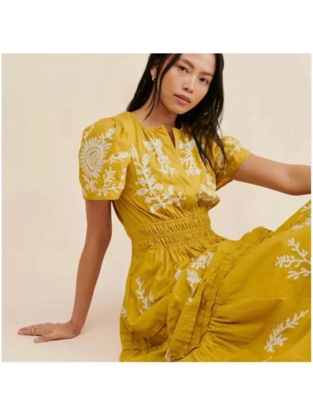 Anthropologie The Somerset Maxi Dress Embroidered Yellow Mustard